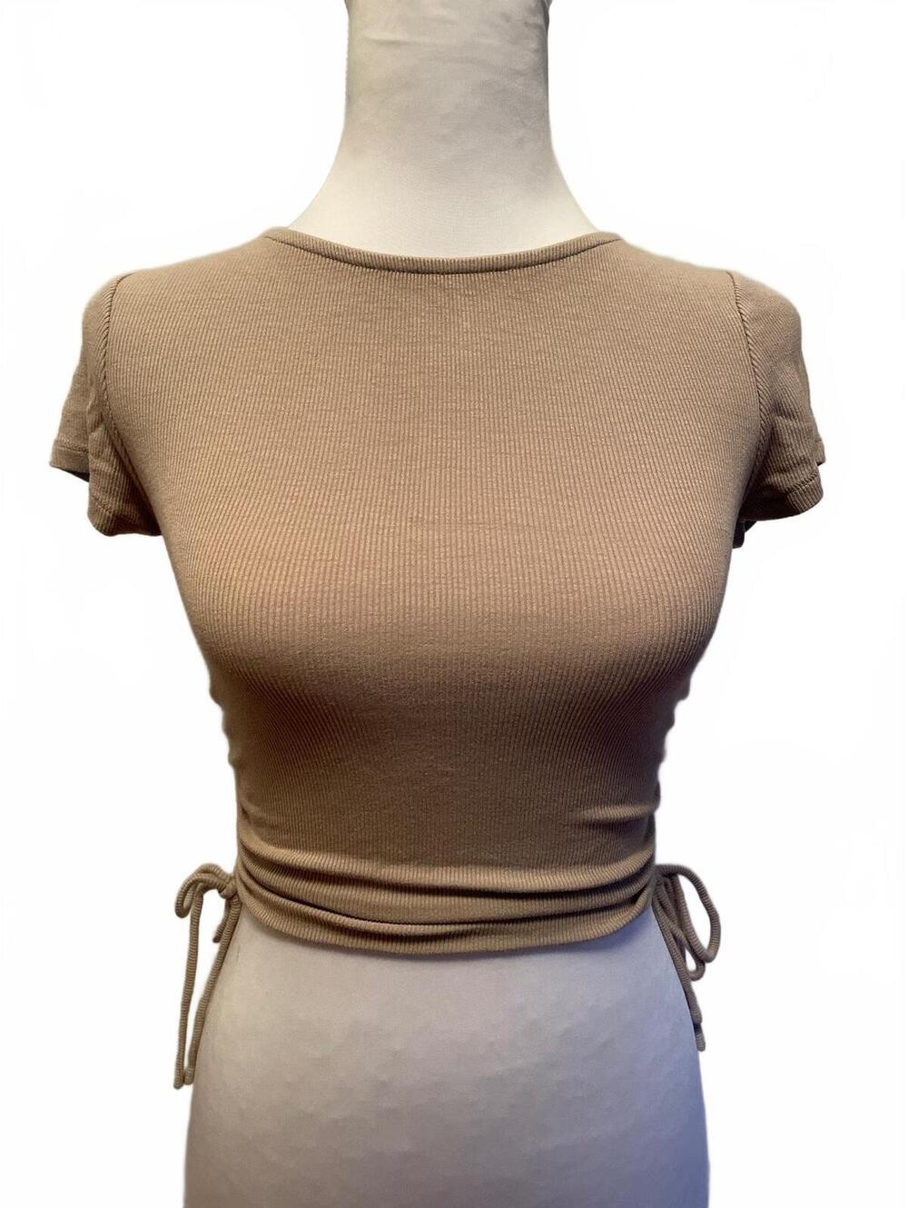 Princess Polly Tan Beige Ribbed Side Ruched Baby Tee Crop Top Size 2 Y2K